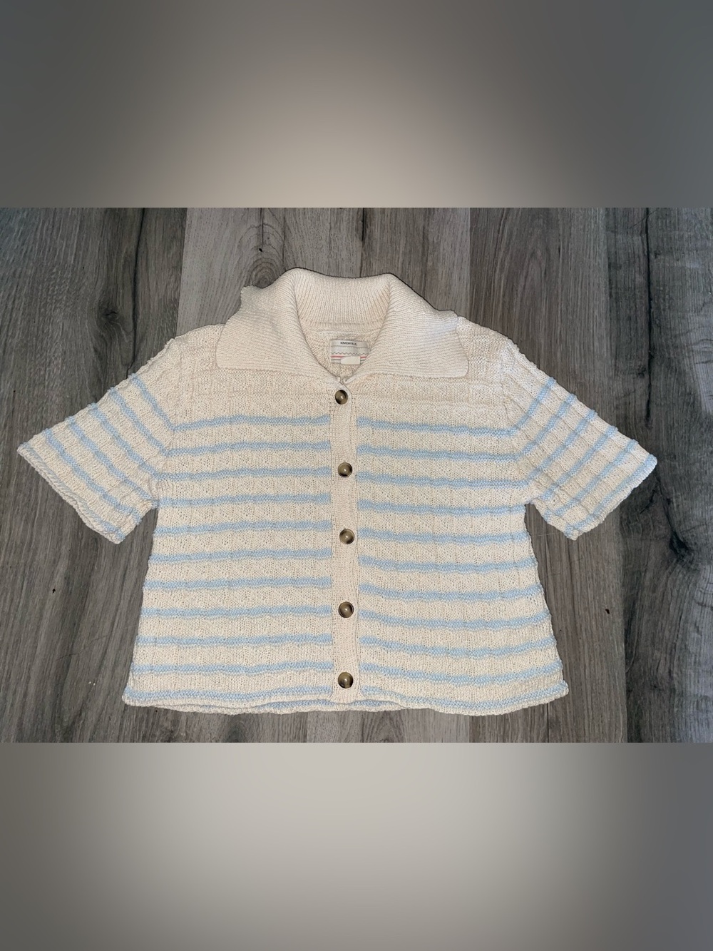 Kimchi Blue Cream Knit Short-Sleeve Button Cardigan with Light Blue Trim - Picture 2 of 5